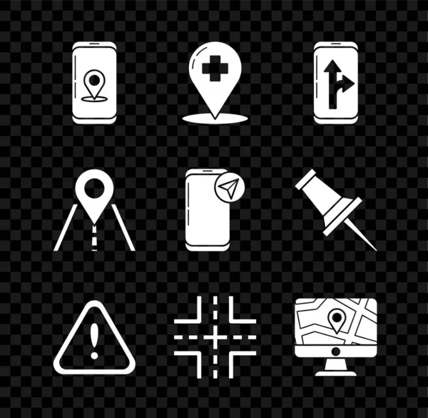 Set Infographic of city map navigation, Medical pointer with cross hospital, Exclamation mark triangle, Road traffic sign, Monitor and folded location, and icon. Vektor — Stockový vektor
