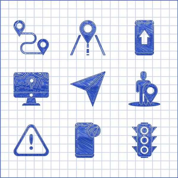 Imposta aeroplano di carta, Infografica della navigazione della mappa della città, Semaforo, Marcatore della mappa con persona di silhouette, Esclamazione in triangolo, Monitora e posizione ripiegata e icona del percorso. Vettore — Vettoriale Stock