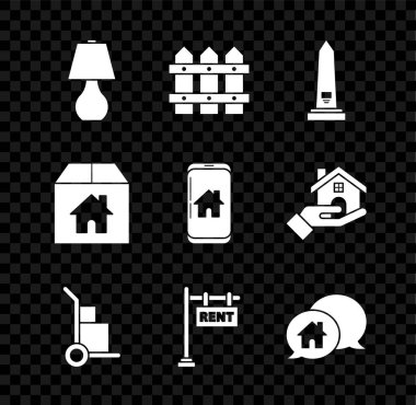 Masa lambası, bahçe çiti ahşabı, Washington anıtı, el arabası ve kutular, yazı kirada asılı tabela, ev yapımı konuşma balonu, karton ev ve cep telefonu akıllı ev ikonu. Vektör