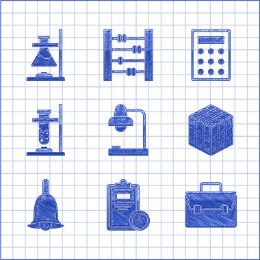 Masa lambası, saatli sınav kağıdı, evrak çantası, rubik küp, zil, yanan cam test tüpü, hesap makinesi ve ikon. Vektör