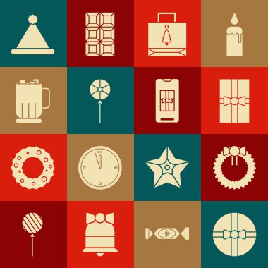 Hediye kutusu, Noel çelengi, kağıt alışveriş torbası, lolipop, şekerli sıcak çikolata bardağı, Noel Baba şapkası ve akıllı telefon hediye ikonu. Vektör
