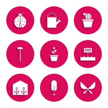 Saksıda bitki, ağaç, bahçe makası, boş tahta tabela, ev yapımı sera bitkileri, çekiç, kaktüs sulu ve uğur böceği ikonu. Vektör