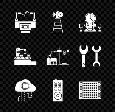 Montaj hattı, Anten, Robot ve Dijital Zaman Yöneticisi, Nesnelerin İnterneti, Uzaktan kumanda, Yazdırılmış devre kartı PCB, Fabrika taşıma sistemi kayışı ve 3D yazıcı simgesi ayarla. Vektör
