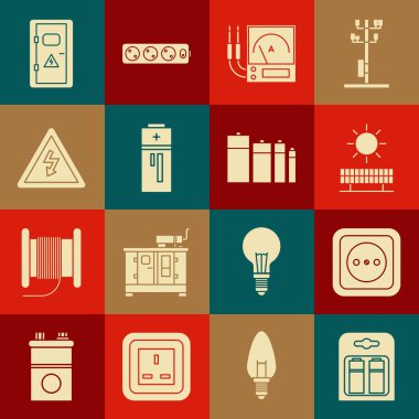 Bataryayı pakete koy, elektrik prizi, güneş enerjisi paneli ve güneş, ampere ölçer, multimetre, voltmetre, yüksek voltaj işareti, kabine ve simge. Vektör