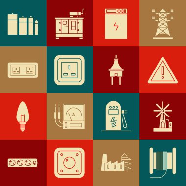 Elektrik kablosunu makara veya davula, rüzgar türbini, ünlem işareti üçgeni, güç bankası, elektrik prizi, pil ve fiş ikonuna ayarla. Vektör
