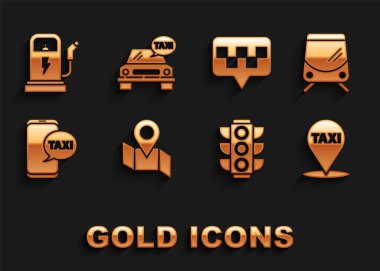 Katlanmış haritayı konum belirleyici, tramvay ve demiryolu, harita işaretleyici taksi, trafik ışığı, taksi çağrısı telefon servisi, elektrikli araba şarj istasyonu ve simgesi ile ayarlayın. Vektör