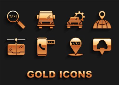 Taksi çağırma servisini, dünyanın konumunu, taksi, kablo TV, araba, büyüteç ve ikon ile harita işaretleyicisini ayarla. Vektör