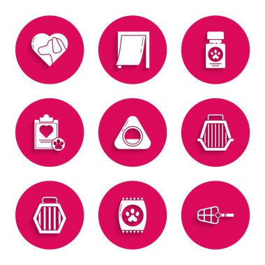 Evcil hayvan yatağı, evcil hayvan için yiyecek çantası, köpek ağızlığı, çanta tıbbi sicili, ilaç şişesi, haplar ve Heart Dog ikonu olan bir pano. Vektör