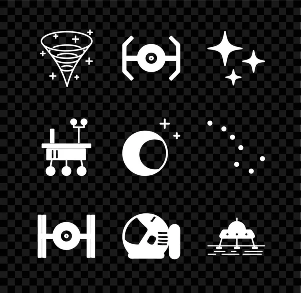 Beállítás fekete lyuk, kozmikus hajó, csökkenő csillag, űrhajós sisak, Mars rover, és a Hold és a csillagok ikon. Vektor — Stock Vector