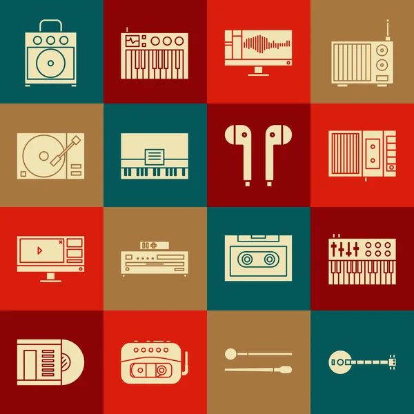 Set Banjo, Music synthesizer, tape player, Sound or audio recorder on monitor, Piano, Vinyl with vinyl disk, Guitar amplifier and Air headphones icon. Vector — Stock Vector