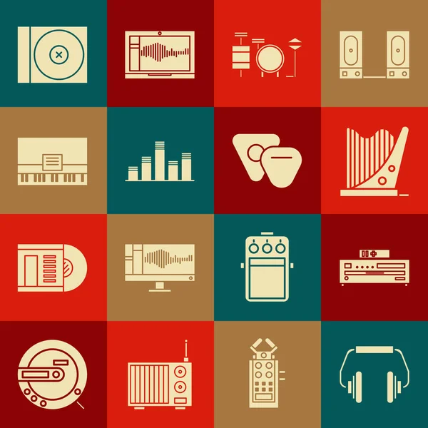 Set Headphones, Music CD player, Harp, Drums, equalizer, Piano, or DVD disk and Guitar pick icon. Vector — Stock Vector