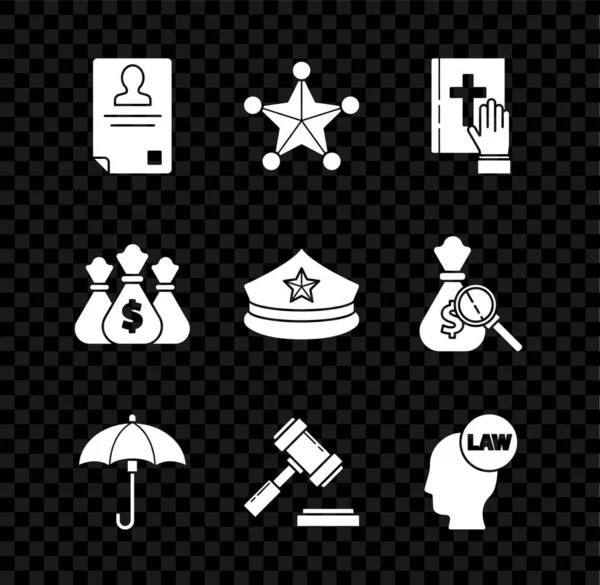 Set badge d'identification, Hexagram shérif, Serment la Sainte Bible, Parapluie, Juge marteau, Tête avec la loi, Sac d'argent et icône de cockade casquette de police. Vecteur — Image vectorielle