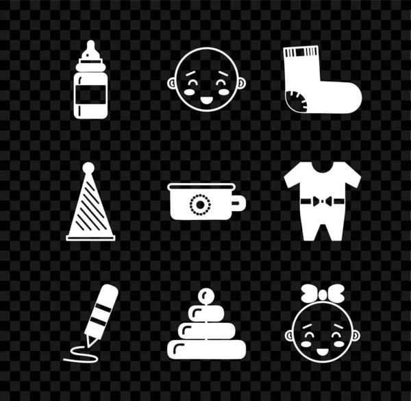 Set Baby flesje, Happy kleine jongen hoofd, sokken kleding, Wax krijt om te tekenen, Pyramide speelgoed, meisje, Party hoed en potje pictogram. Vector — Stockvector