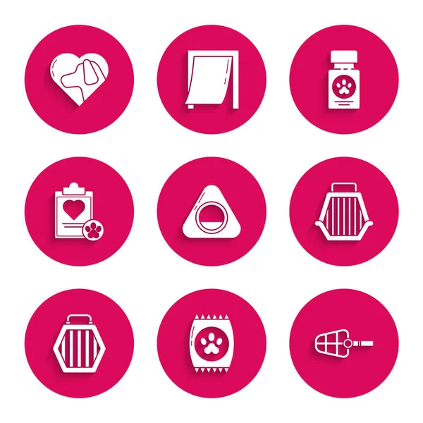 Evcil hayvan yatağı, evcil hayvan için yiyecek çantası, köpek ağızlığı, çanta tıbbi sicili, ilaç şişesi, haplar ve Heart Dog ikonu olan bir pano. Vektör