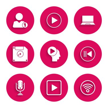 Baştaki insanları oynat, kare oynat, kablosuz internet ağı, geri sar, mikrofon, veri depolama için disket, dizüstü bilgisayar ve arkadaş simgesi ekle. Vektör