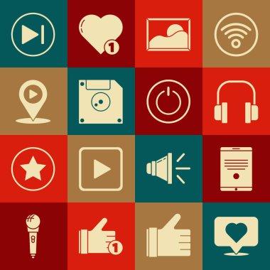 Set Like ve heart, Tablet, Kulaklıklar, Resim manzarası, Bilgisayar veri depolama için disket, Konum ile dijital ortam oynatma, Hızlı İleri ve Güç simgesi. Vektör