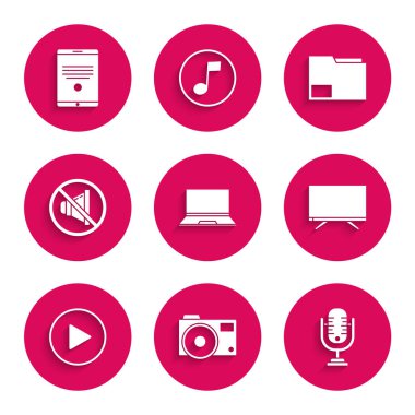 Laptop, Photo camera, Microphone, Smart Tv, Play in circle, Speaker dilsiz, Doküman dizini ve Tablet simgesini ayarla. Vektör