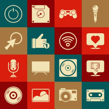 Retro ses kasetini ayarla, konuşma baloncuğundan ve kalpten nefret et, Gamepad, Hand, Arrow imleci, Power Butonu ve Wi-Fi kablosuz internet ağ simgesi. Vektör