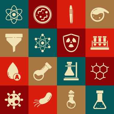 Test tüpünü ve matara kimyasalı, kimyasal formülü, cımbız, atom, huni filtresi ve radyoaktif kalkan simgesini ayarla. Vektör