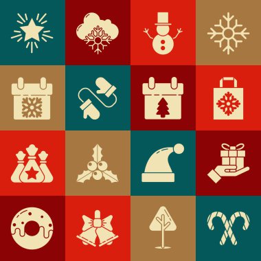 Çizgili Noel şekeri bastonu, hediye kutusu, kağıt alışveriş çantası, kardan adam, örgü Noel eldivenleri, takvim, yıldız ve ikon. Vektör