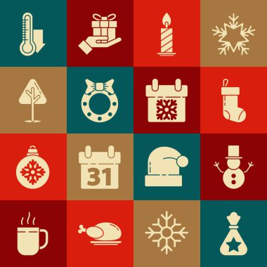 Noel Baba çantası hediyesi, Noel kardan adam, çorap, yanan mum, çelenk, ağaç, meteoroloji termometresi ve takvim ikonu. Vektör