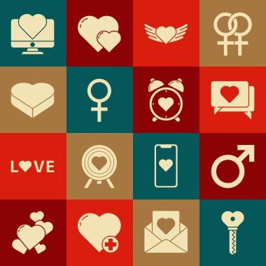 Anahtarı kalp şeklinde ayarla, erkek cinsiyet sembolü, kanatlı kalp, kadın, şeker şekilli kutu, bilgisayar monitörü ve merkezi alarm saati simgesi. Vektör