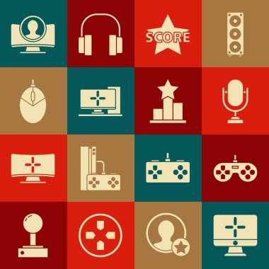 Bilgisayar monitörü, Gamepad, Mikrofon, Yıldız, fare oyunu, hesap ekranı ve simge oluştur. Vektör