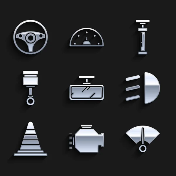 Set Car spiegel, Controleer motor, Snelheidsmeter, High beam, Traffic cone, Motor zuiger, en stuurwiel pictogram. Vector — Stockvector