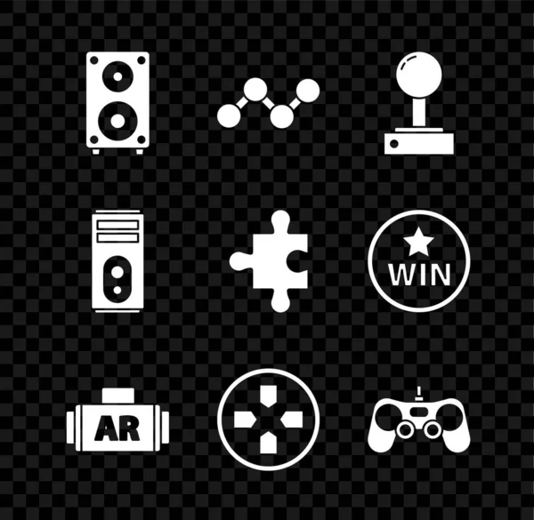 Definir alto-falante estéreo, Compartilhar, Joystick para máquina de arcade, Ar, realidade aumentada, Gamepad, Computador e pedaço de ícone de quebra-cabeça. Vetor — Vetor de Stock