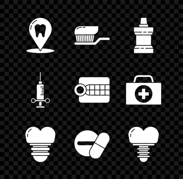 Diş fırçasını diş macunu, ağız gargarası, plastik şişe, implant, ilaç hapı veya tablet, tıbbi şırınga ve takma diş modelleri ikonu ile ayarla. Vektör