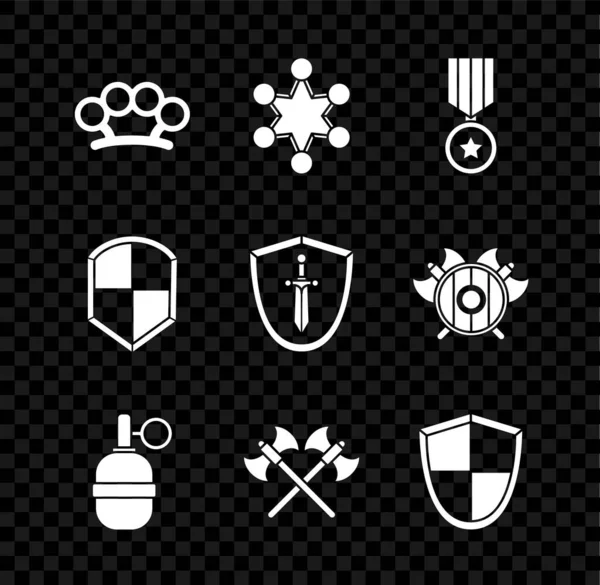 Set de nudillos de latón, insignia de la policía, medalla de recompensa militar, granada de mano, hachas medievales cruzadas, escudo y escudo medieval con icono de espada. Vector — Vector de stock