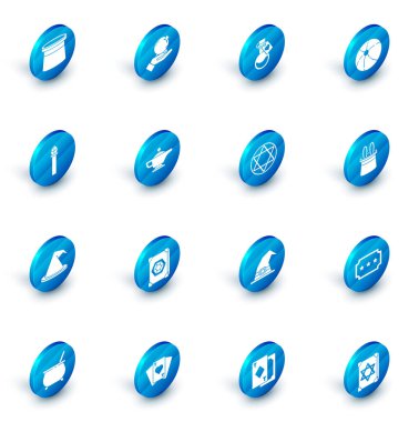 Sihirli topu hazırla, aşk iksiri, kumsal, asa, cadı şapkası, lamba ya da Aladdin, Sihirbaz tavşan kulağı ve Davut Yıldızı ikonu. Vektör