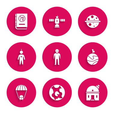 Uzaylı, Dünya, Astronomik Gözlemevi, Bayrak, Uzay Kapsülü ve Paraşüt, Astronot, Satürn ve Kitap Astronomi ikonu. Vektör