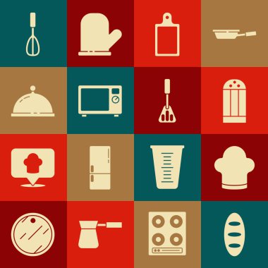 Ekmek somunu, şef şapkası, tuz, kesme tahtası, mikrodalga fırın tepsisi, mutfak çırpısı ve Spatula ikonu ile kaplı. Vektör