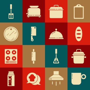 Kahve fincanı, pişirme kabı, ekmek somunu, et dilimi, kesme tahtası, Spatula ve tepsi yemek ikonu ile kaplanmış. Vektör