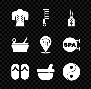 Masaj seti, saç fırçası, Aroma ayırıcı, terlik, havan topu ve tokmak, Yin Yang, sauna kovası ve ikon. Vektör