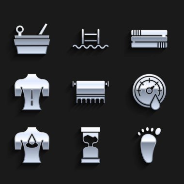 Havluyu askıya al, eski kum saati, ayak masajı, sauna termometresi aroma yağlı masaj, istif ve kova ve kepçe ikonu. Vektör