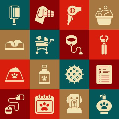 Hayvan şampuanı, Bakım Salonu fiyat listesi, tırnak makası, saç kurutma makinesi, bebek arabası, yatak, köpek ve kedi için fırça ve geri çekilebilir ip tasması ikonu. Vektör