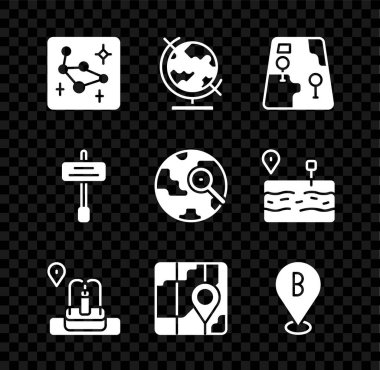 Büyük Ayı takımyıldızını, Dünya küresini, şehir haritasını, çeşmeli yeri, trafik işaretini ve büyüteç simgesini ayarlayın. Vektör