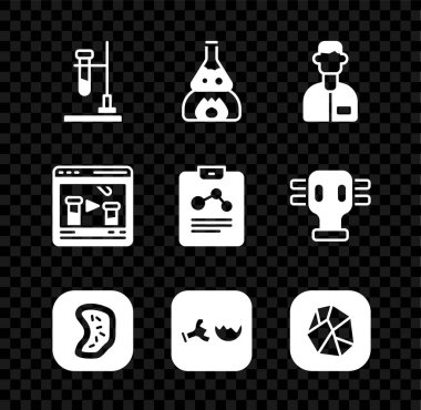 Test tüpünü ateşe verin, laboratuvar asistanı, Bakteri, Kırık, Tuz Taşı, Kimyasal Online ve Kimya raporları ikonu. Vektör