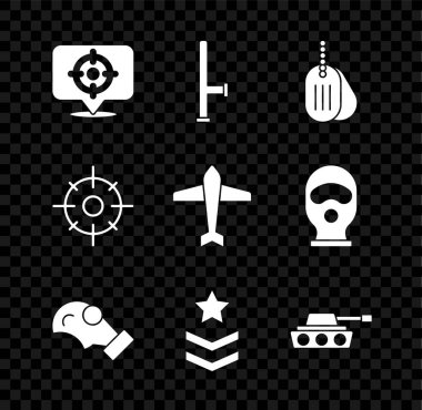 Hedef sporu, polis lastik copu, askeri künye, gaz maskesi, rütbe, tank ve savaş ikonu. Vektör