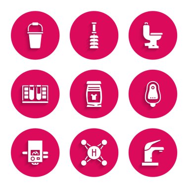 Çamaşır deterjanı, su musluğu, tuvalet sidiği, gaz kazanını su damlası, kase ve kova ikonuyla test tüpünü ayarlayın. Vektör