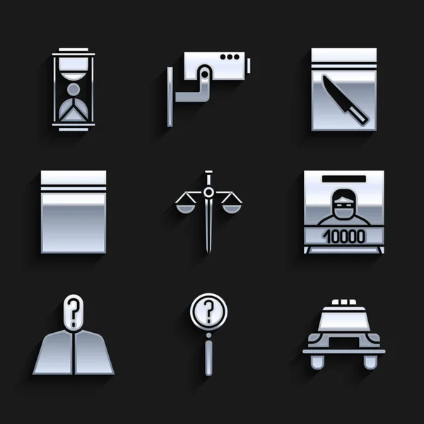 Set Scales of justice, Vergrootglas met zoekopdracht, Politie auto en flitser, Gezocht poster, Anoniem vraagteken, Plastic tas ziplock, Bewijsmes en Oud zandloper pictogram. Vector — Stockvector