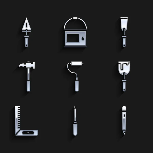 Set Paint roller brush, Screwdriver, Pencil with eraser, Putty knife, Corner ruler, Claw hammer, and Trowel icon. Vector