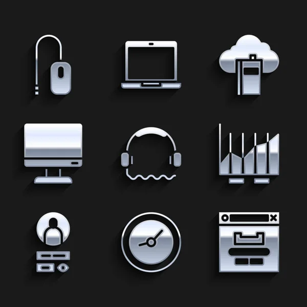 헤드폰 , Clock, Browser window, Pie 차트 인포 그래픽 , Create account screen, 컴퓨터 모니터, 클라우드 온라인 라이브러리 및 마우스 아이콘을 설정 한다. Vector — 스톡 벡터