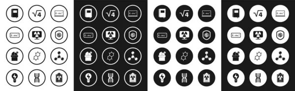 Set Equation solution, Radioactif dans l'emplacement, Livre, Bouclier de protection contre le virus, racine carrée de 4 glyphe, Molécule et icône de l'observatoire astronomique. Vecteur — Image vectorielle