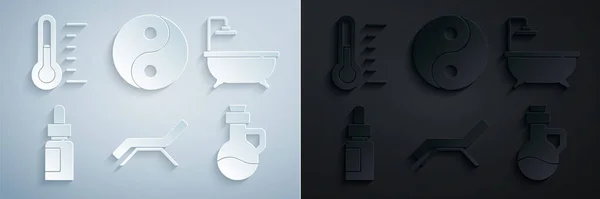 Set Sonnenliege und Sonnenschirm, Badewanne, ätherisches Öl Flasche, Yin Yang und Sauna Thermometer Symbol. Vektor — Stockvektor