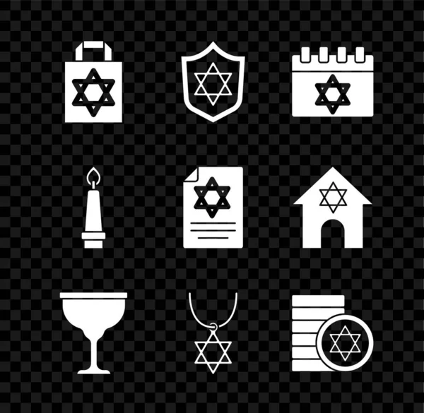 Набор мешок со звездой Дэвид, Щит Звезда Давид, еврейский календарь, кубок, ожерелье на цепи, монета, горящая свеча и значок свитка Торы. Вектор — стоковый вектор
