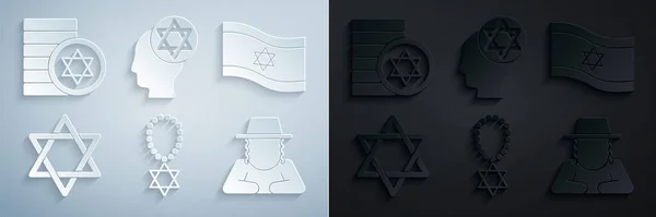 Установите на цепь ожерелье "Звезда Давида", флаг Израиля, ортодоксальную еврейскую шляпу и икону еврейской монеты. Вектор — стоковый вектор