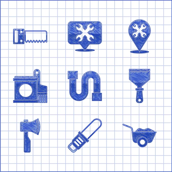 Set Industriepijp, Kettingzaag, Kruiwagen, Putty mes, Houten bijl, Paint emmer en borstel, Locatie met moersleutel en handpictogram. Vector — Stockvector